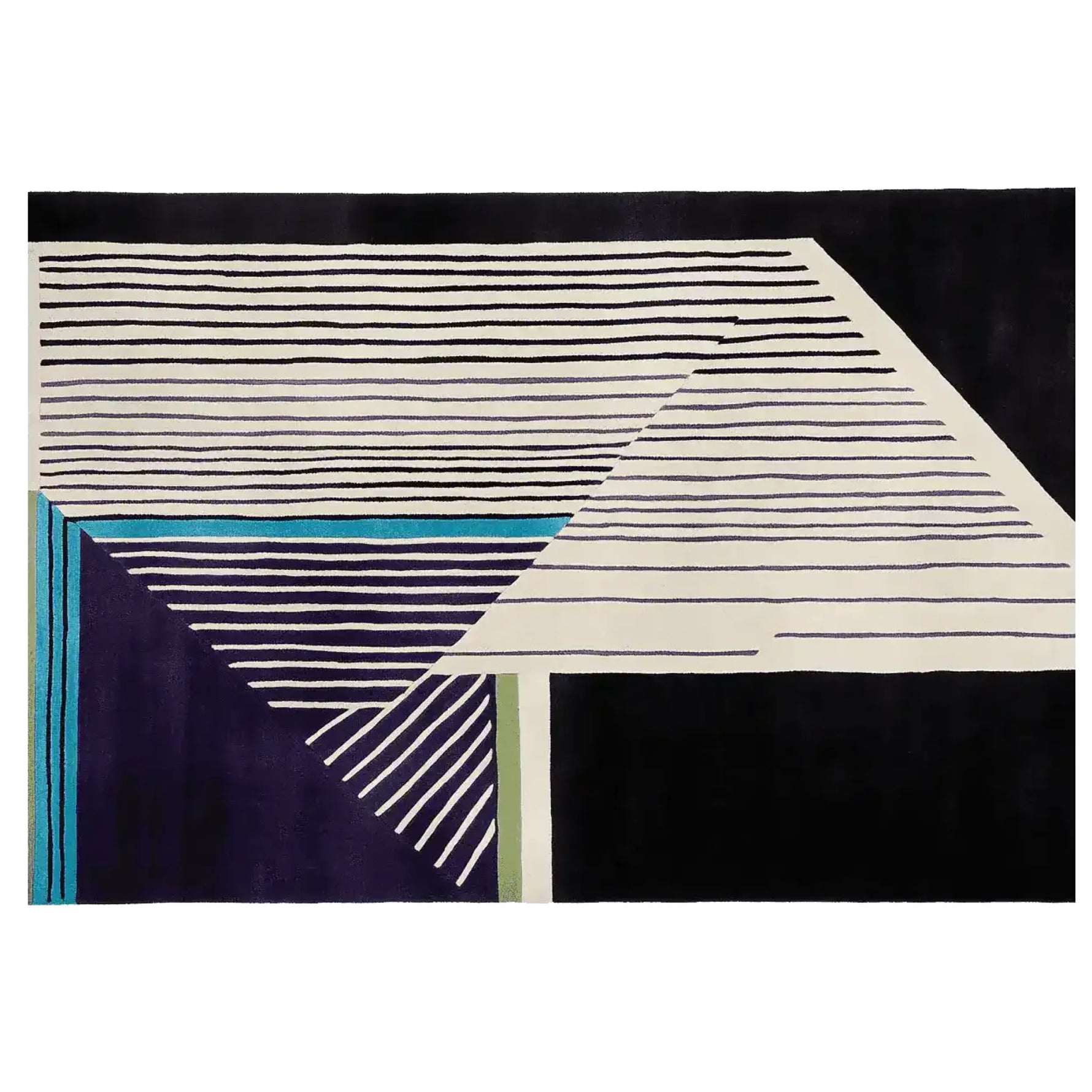 Top view of a contemporary area rug featuring bold geometric patterns in black, white, and blue, perfect for modern living rooms. This hand-tufted wool rug showcases unique design elements, making it a stylish addition to any space.