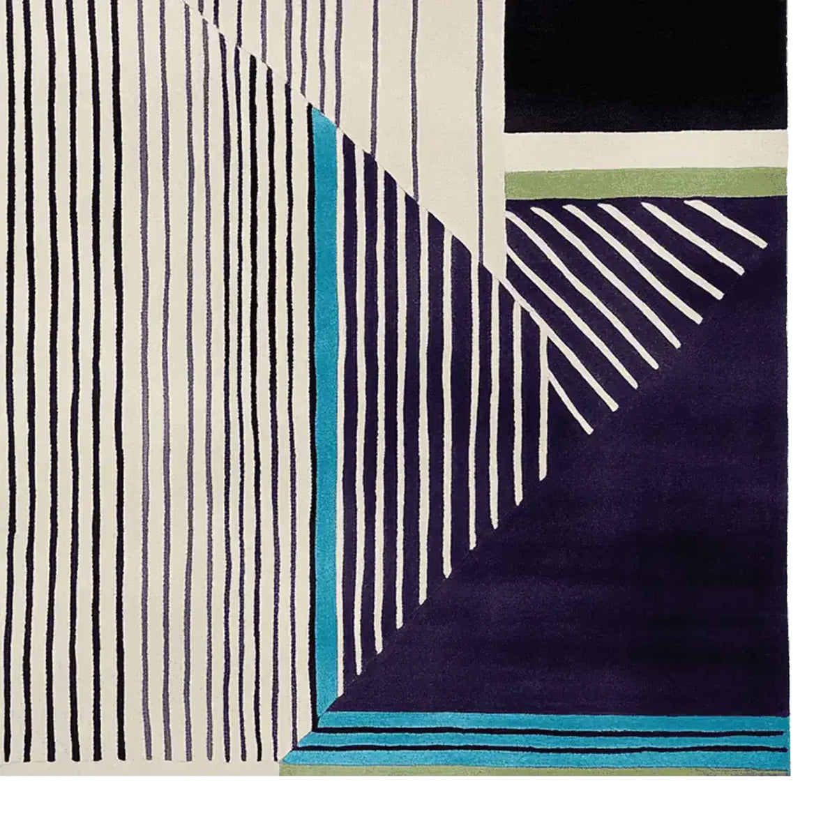 This contemporary hand-tufted wool rug features a striking geometric pattern with bold lines and vibrant colors, perfect for enhancing any living room space. The area rug showcases a modern design that combines dark and light shades, making it an ideal choice for those seeking stylish living room area rugs.