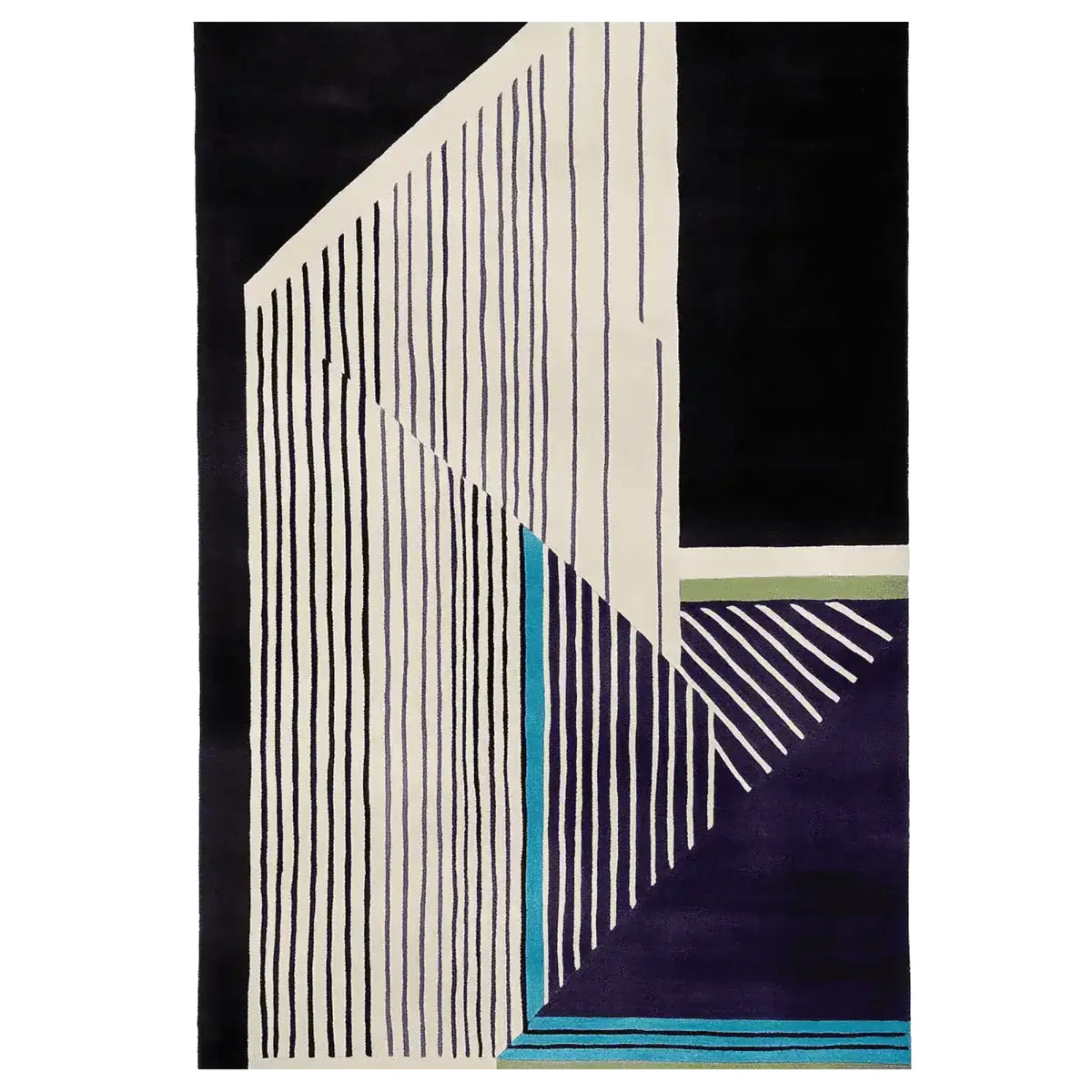 A contemporary hand-tufted area rug with an abstract geometric design in black, white, and teal. Ideal for modern living room decor, this wool rug adds a touch of sophistication and style.