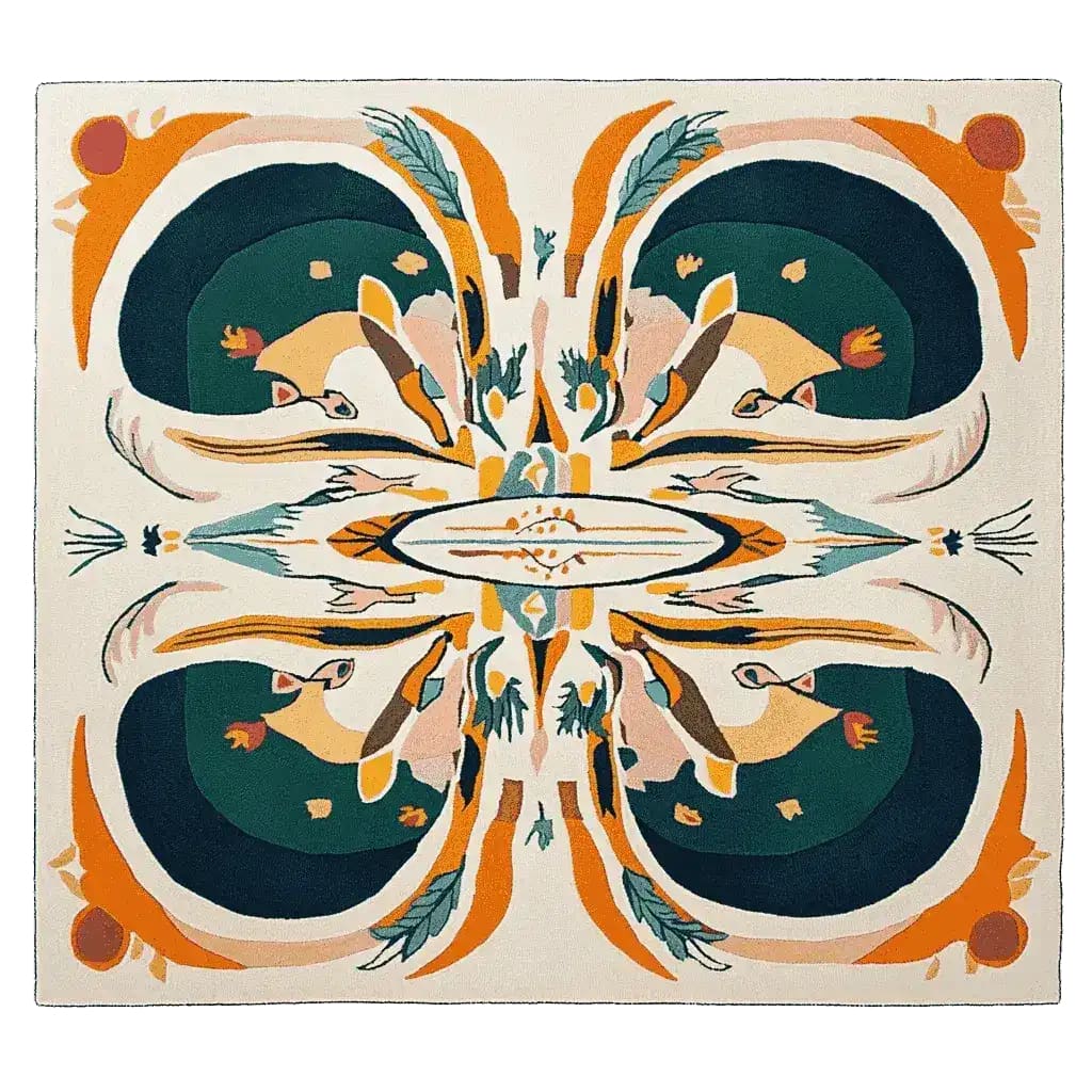 This Symmetry Spirit Bloom Hand Tufted Rug showcases an abstract design with vibrant colors, perfect as an area rug for contemporary living rooms. The intricate pattern and soft wool texture make it an ideal choice for those seeking stylish living room area rugs.