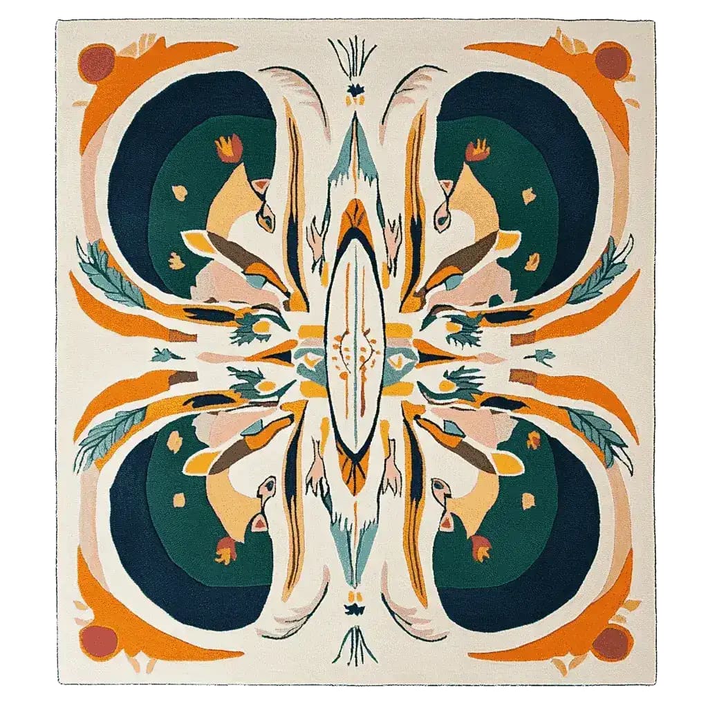 Top view of the Symmetry Spirit Bloom Hand Tufted Area Rug, featuring a vibrant abstract design with bold colors like orange, green, and blue. Perfect for adding a touch of modern elegance to living rooms, this contemporary wool rug is an ideal choice for those seeking unique and stylish rugs for living room spaces.