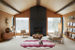Modern living room with wooden walls, large windows, and a dog on a colorful rug.