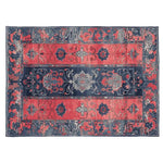 Top view of the 'Tale in Crimson' hand-tufted area rug, showcasing its intricate vintage floral patterns in rich red and deep blue tones. Ideal for adding a classic touch to your living room, this wool rug measures 8x10, perfect for spacious decor.