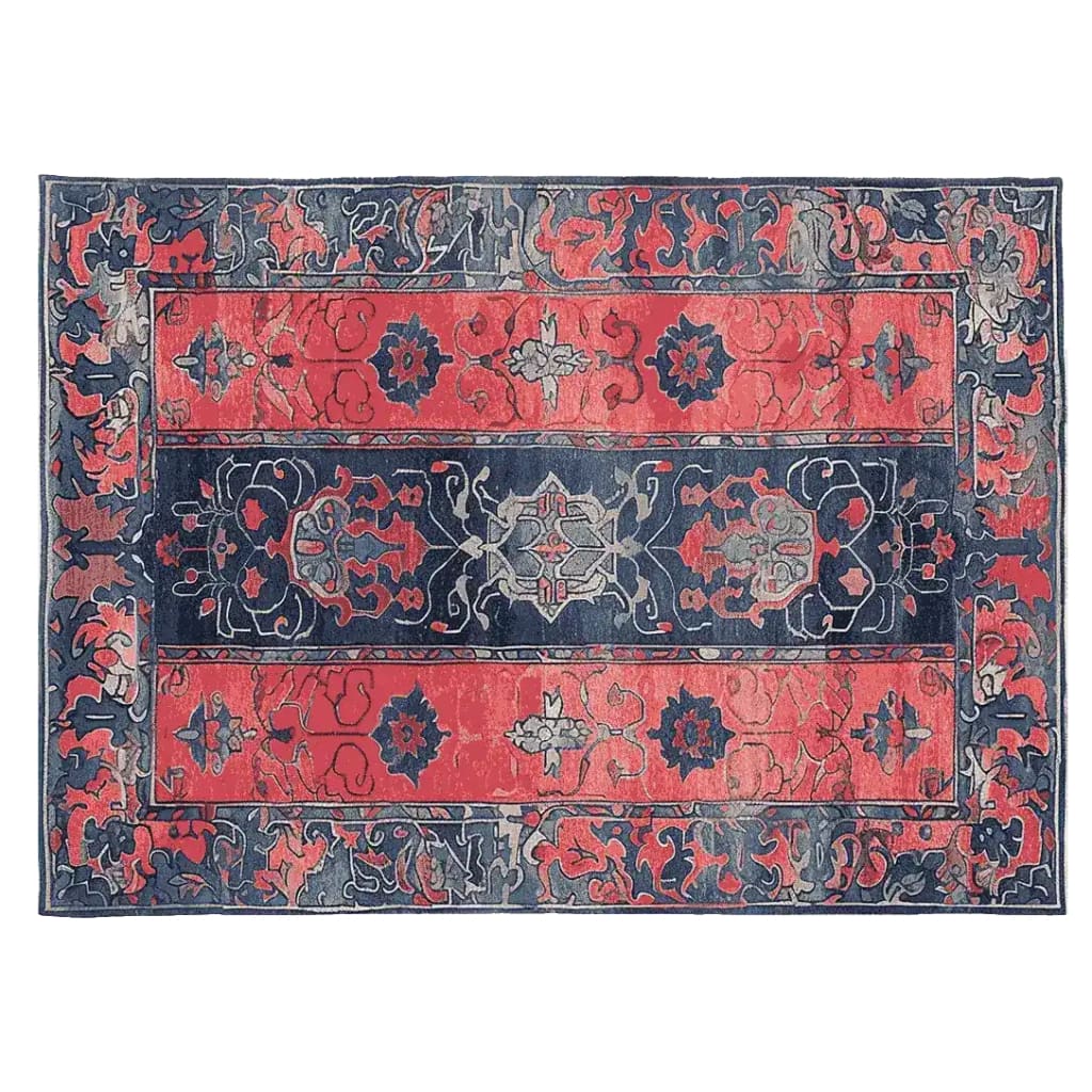 Top view of the 'Tale in Crimson' hand-tufted area rug, showcasing its intricate vintage floral patterns in rich red and deep blue tones. Ideal for adding a classic touch to your living room, this wool rug measures 8x10, perfect for spacious decor.