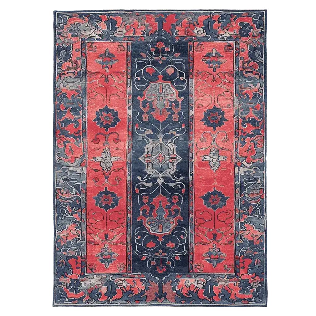The Tale in Crimson Hand Tufted Area Rug features a striking vintage design with rich crimson and deep blue hues, ideal for enhancing any living room. This 8x10 wool rug showcases intricate floral patterns and traditional motifs, making it a perfect choice for those seeking elegant rugs for their living room.