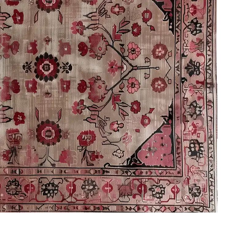 Top view of a Tales of Persia Knotted Wool Rug showcasing an intricate floral pattern in rich red and beige tones, perfect for large living room spaces. This elegant area rug brings a touch of classic Persian design to any home decor.