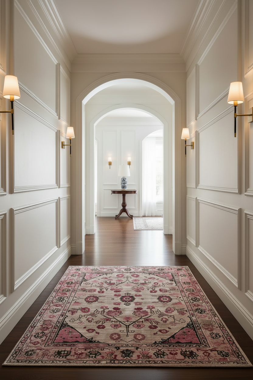 Decorative pink rug on a wooden floor with white walls and archways.