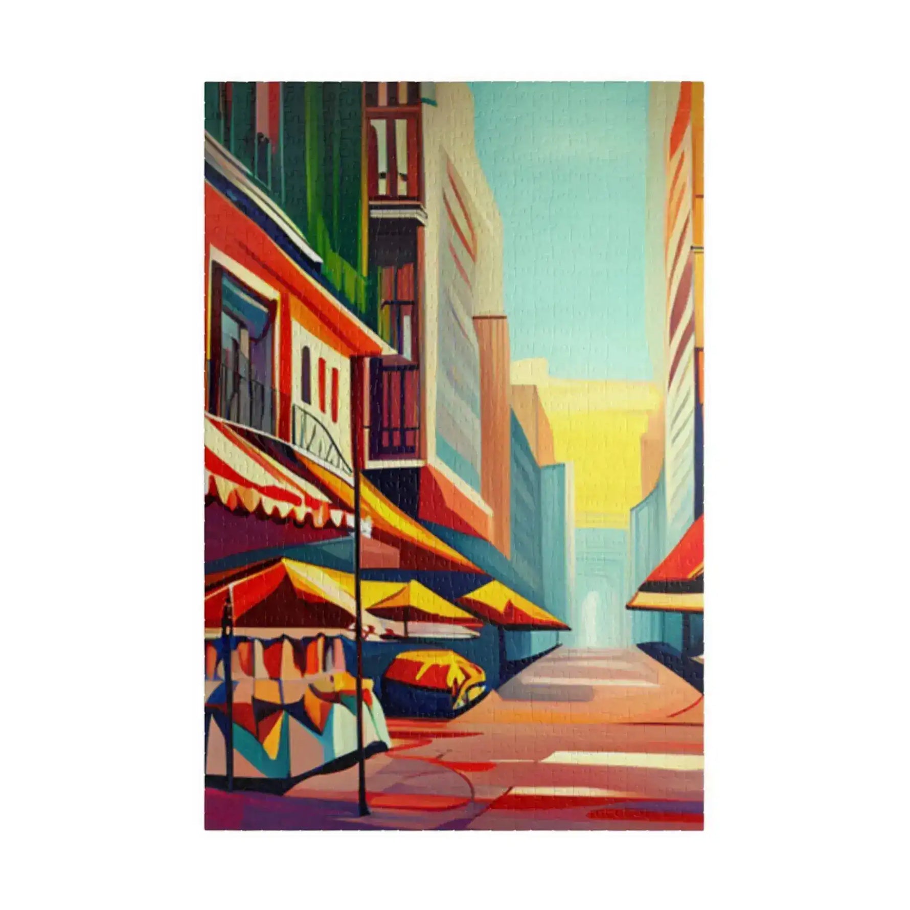 Tall Urban Vibes puzzle, expressive painted city street with umbrellas in warm reds and teal sky