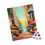 Tall Urban Vibes puzzle showing a saturated cubist city avenue with awnings and umbrellas