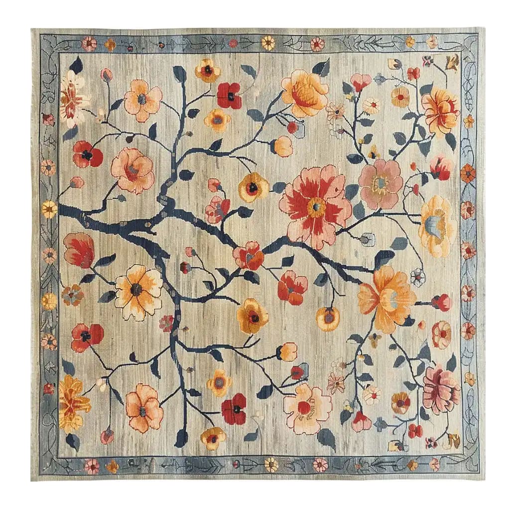 This beautiful area rug features an intricate design of vibrant, tangled blossoms set against a soft, neutral background. The wool rug, perfect for adding a touch of elegance to any living space, measures 8x10, making it an ideal choice for living room rugs. The detailed floral pattern brings life and color, creating a warm and inviting atmosphere.