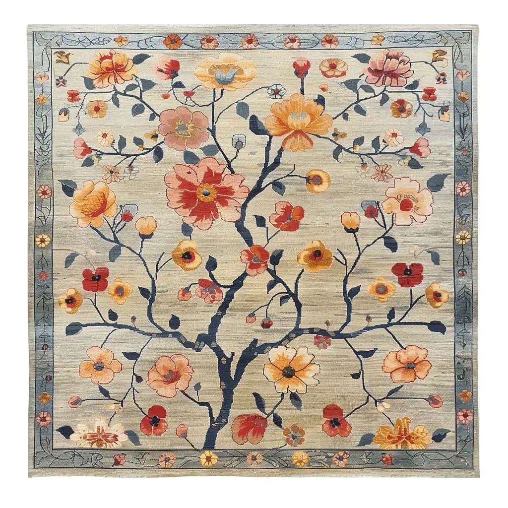 Top view of a Tangled Blossoms Knotted Wool Rug featuring a beautiful floral pattern. This area rug is perfect for enhancing the aesthetic of living rooms. Sized 8x10, the wool rug showcases vibrant flowers in shades of red, orange, and yellow against a neutral background, making it an ideal choice for any decor.