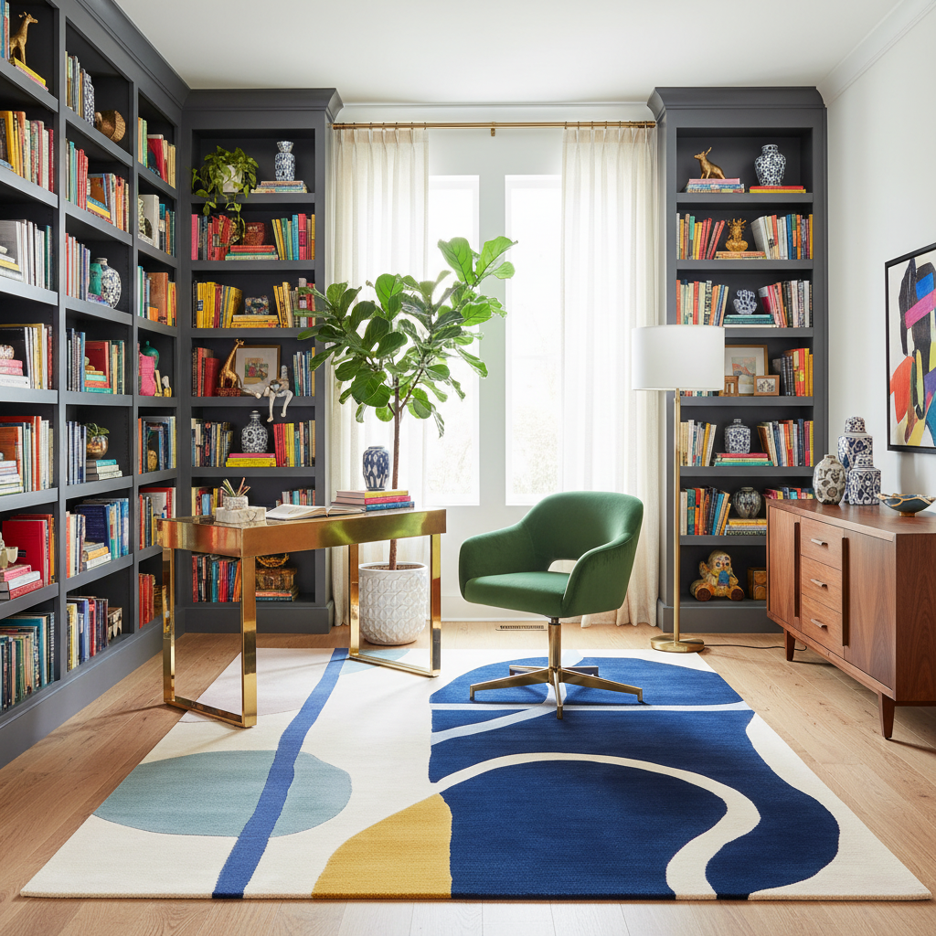 Modern home office with bookshelves, desk, and colorful rug.