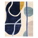 The Tangled Flow Form Hand Tufted Area Rug features a contemporary abstract design with bold navy, mustard, and teal accents on a neutral background. Ideal for adding a modern touch to living room spaces, this wool rug is perfect for those seeking stylish and durable living room rugs 8x10.