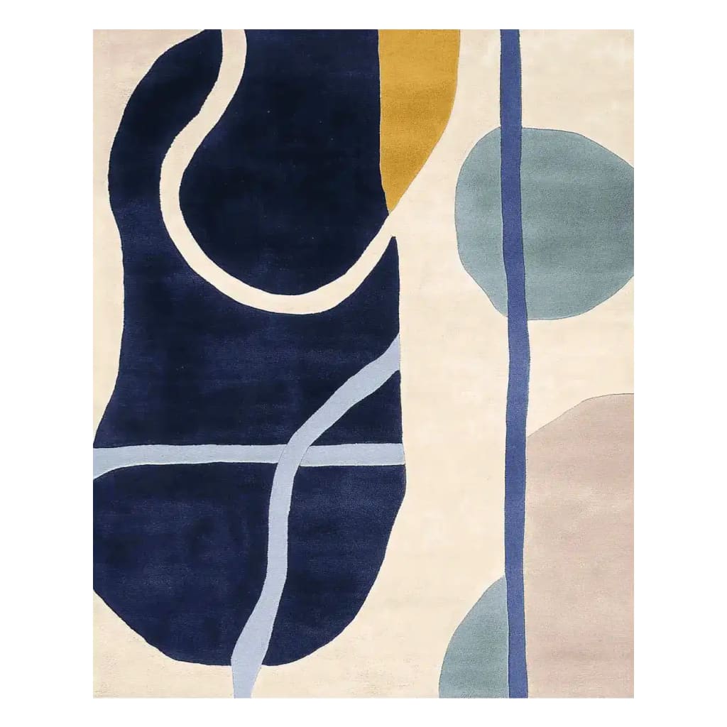 The Tangled Flow Form Hand Tufted Area Rug features a contemporary abstract design with bold navy, mustard, and teal accents on a neutral background. Ideal for adding a modern touch to living room spaces, this wool rug is perfect for those seeking stylish and durable living room rugs 8x10.