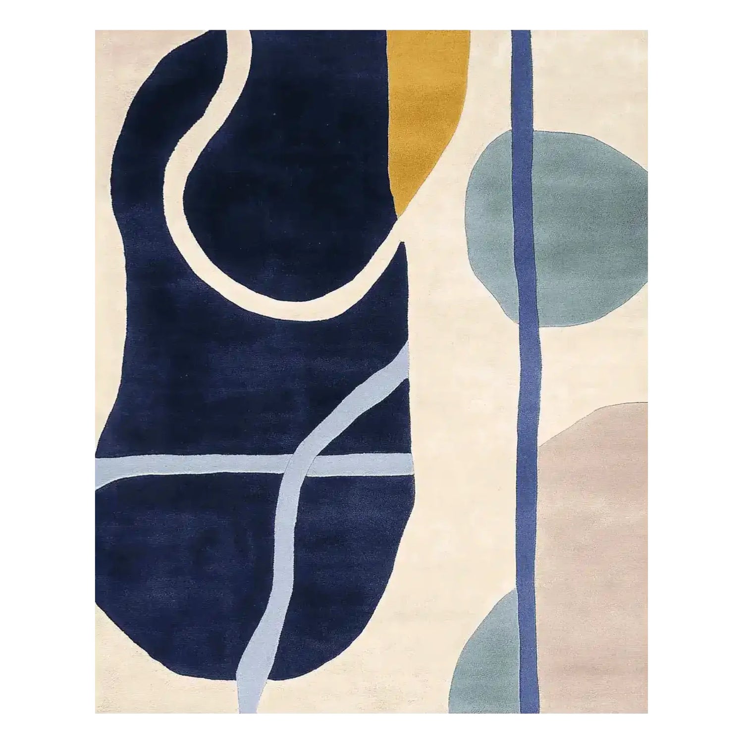 The Tangled Flow Form Hand Tufted Area Rug features a contemporary abstract design with bold navy, mustard, and teal accents on a neutral background. Ideal for adding a modern touch to living room spaces, this wool rug is perfect for those seeking stylish and durable living room rugs 8x10.