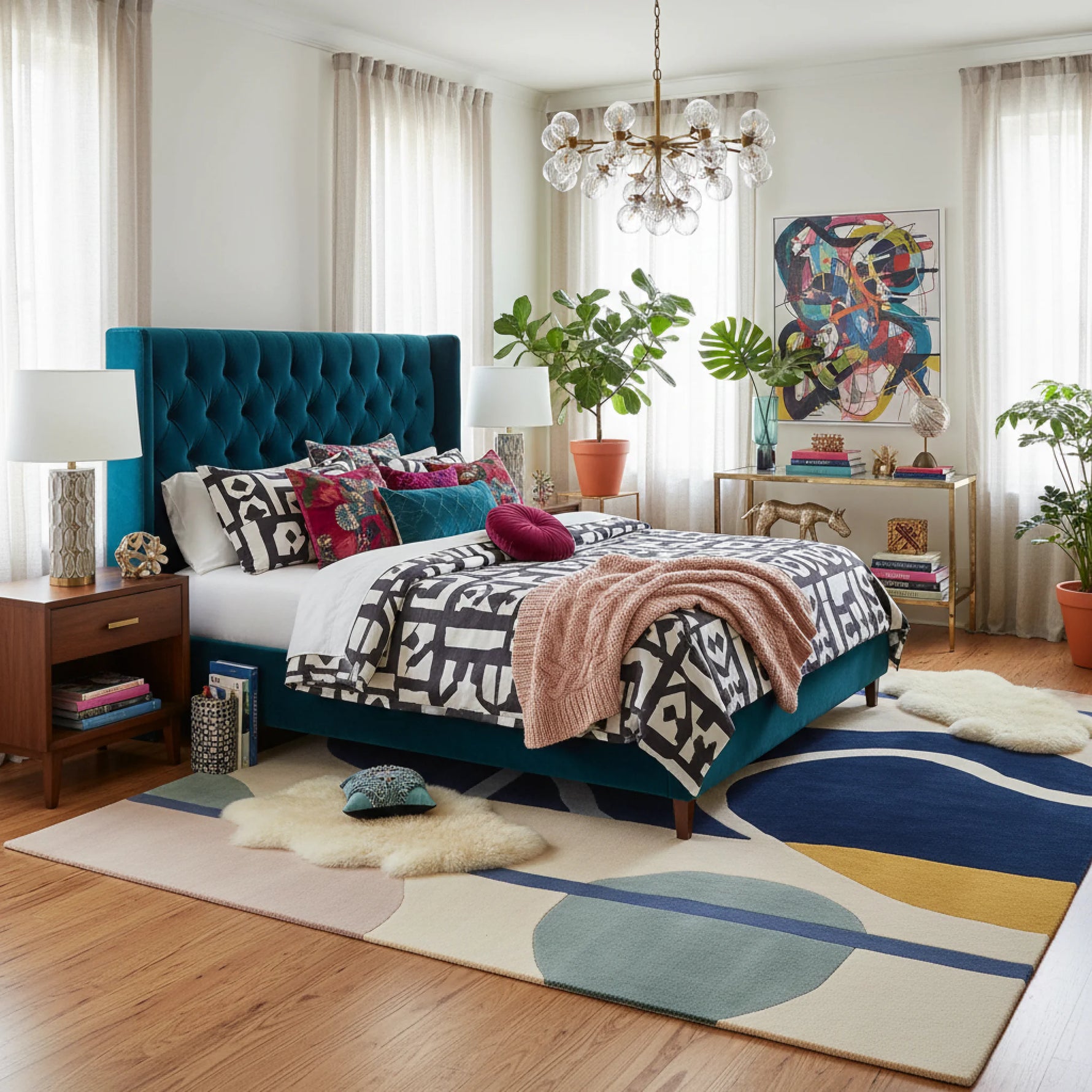 Modern bedroom with teal upholstered bed, geometric rug, and colorful decor
