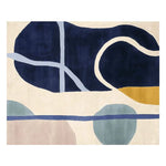 Top view of the Tangled Flow Form Hand Tufted Rug, featuring a contemporary design with bold abstract patterns in navy blue, cream, and muted earth tones. Ideal for adding a modern touch to your living room, this wool area rug measures 8x10 and perfectly complements any contemporary decor.