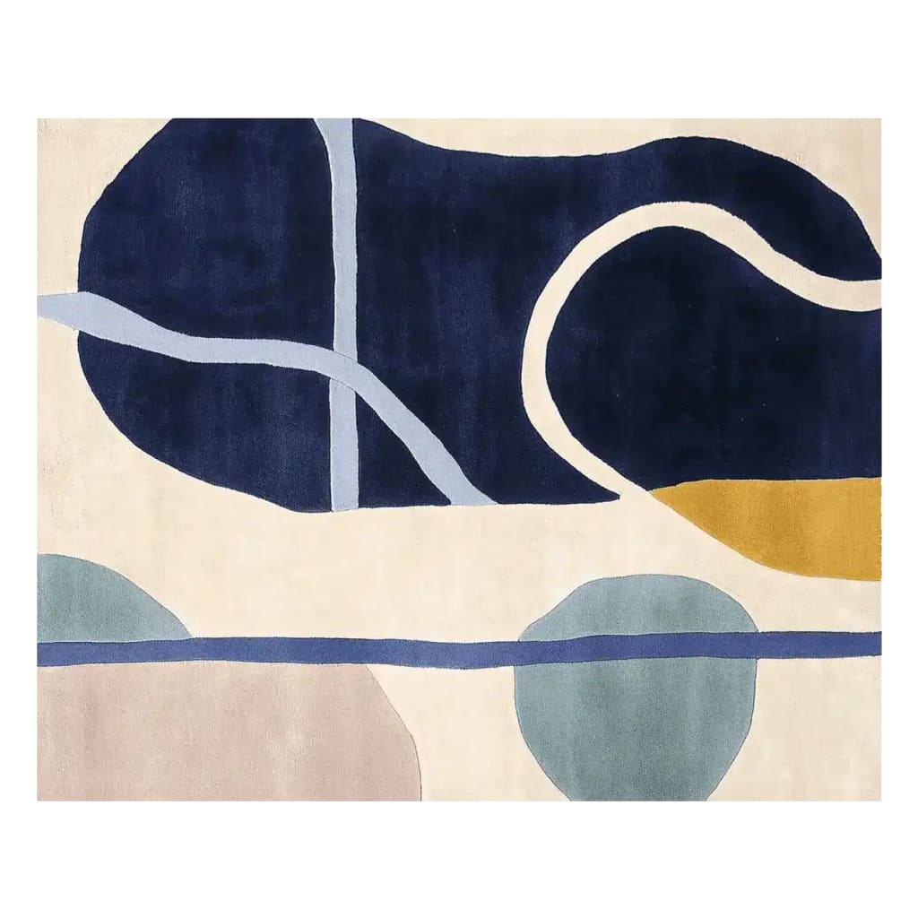 Top view of the Tangled Flow Form Hand Tufted Rug, featuring a contemporary design with bold abstract patterns in navy blue, cream, and muted earth tones. Ideal for adding a modern touch to your living room, this wool area rug measures 8x10 and perfectly complements any contemporary decor.