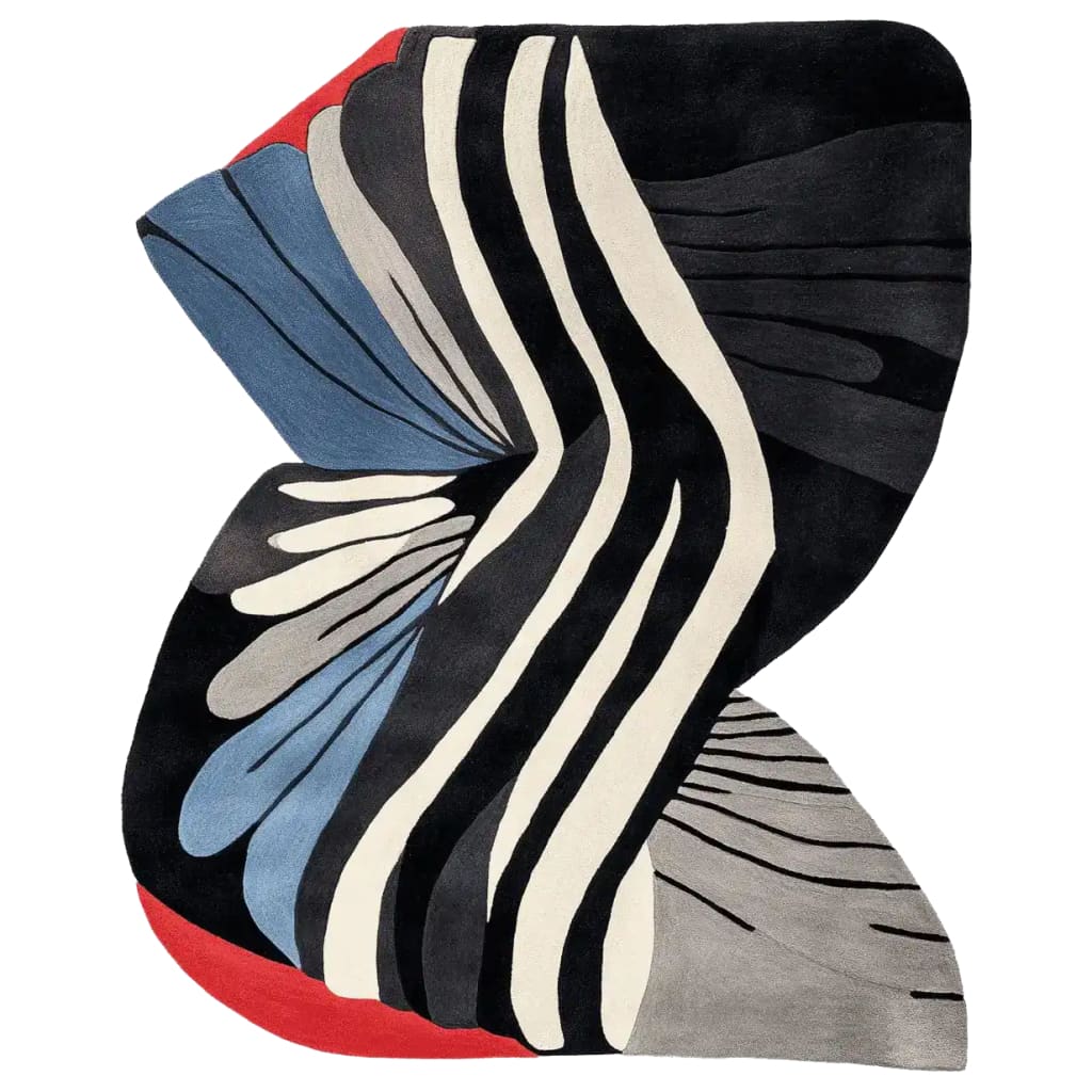 Contemporary area rug with an abstract design featuring bold black, white, blue, and red patterns, perfect for large living rooms. This hand-tufted wool rug adds a modern touch to any space.