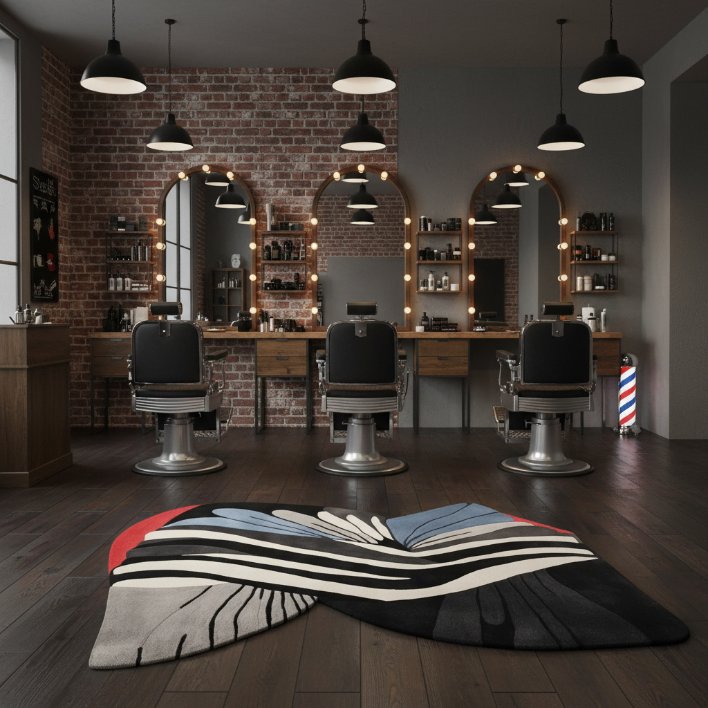 Barber shop interior with chairs, mirrors, and a decorative rug on a wooden floor.