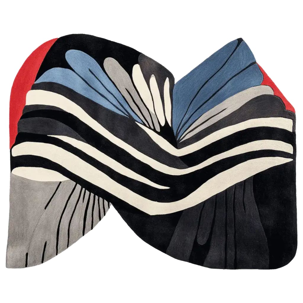 This striking area rug, perfect for large living rooms, features a contemporary abstract design with bold curves in black, white, blue, and red. Crafted from high-quality wool, this hand-tufted rug adds a modern touch to any space.