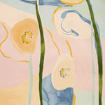 A vibrant, hand-tufted area rug showcasing an abstract design with natural shapes and soft pastel colors, perfect for adding a contemporary touch to any living room. This large living room rug, made from high-quality wool, features flowing green lines intertwined with shades of blue, peach, and pink, embodying the essence of a modern wool rug.