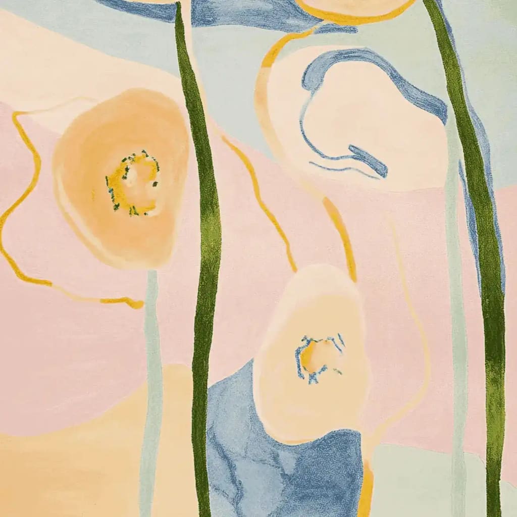 A vibrant, hand-tufted area rug showcasing an abstract design with natural shapes and soft pastel colors, perfect for adding a contemporary touch to any living room. This large living room rug, made from high-quality wool, features flowing green lines intertwined with shades of blue, peach, and pink, embodying the essence of a modern wool rug.