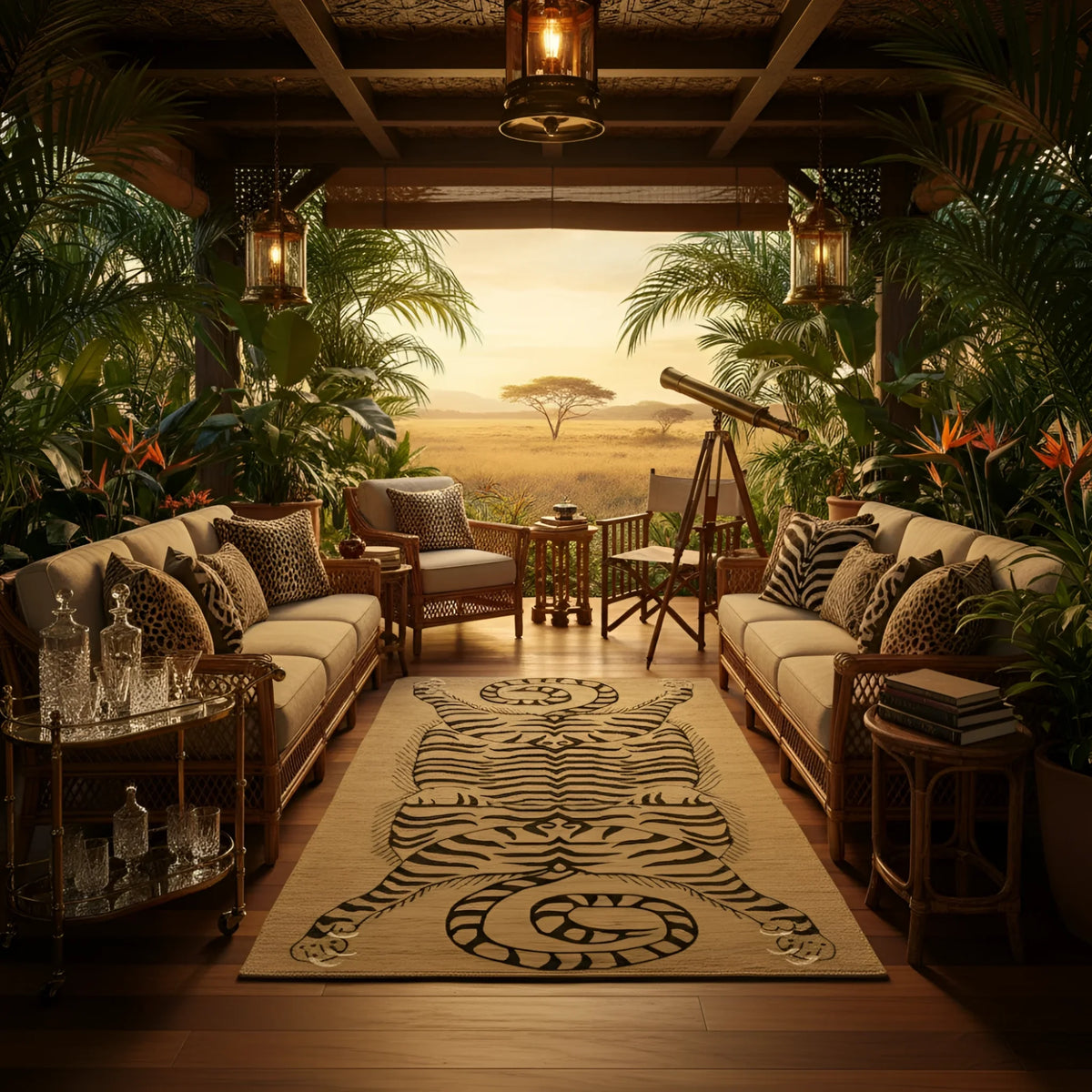 Tropical living room with couches, plants, a tiger wool rug, and a scenic view of a savannah.