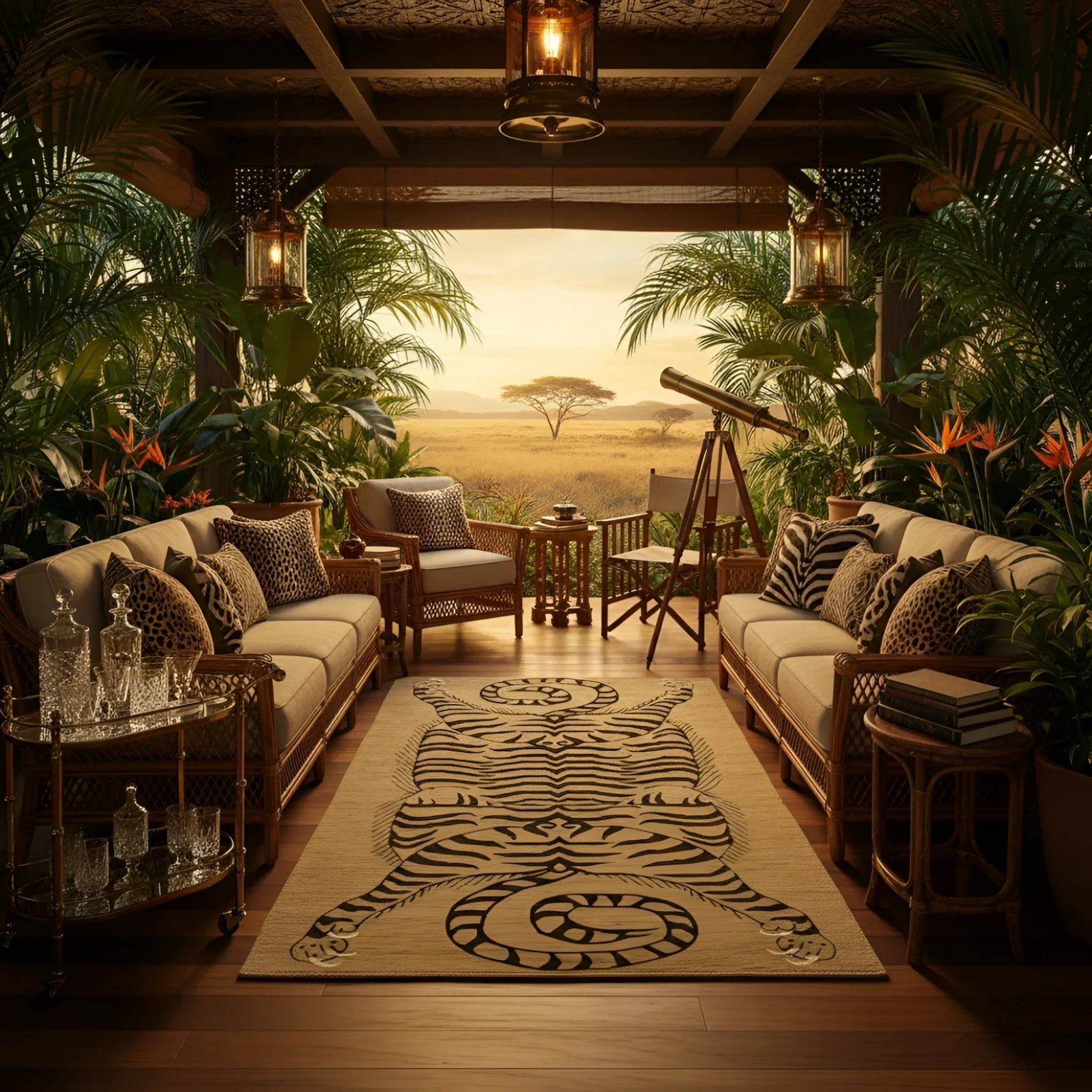 Tropical living room with couches, plants, a tiger wool rug, and a scenic view of a savannah.