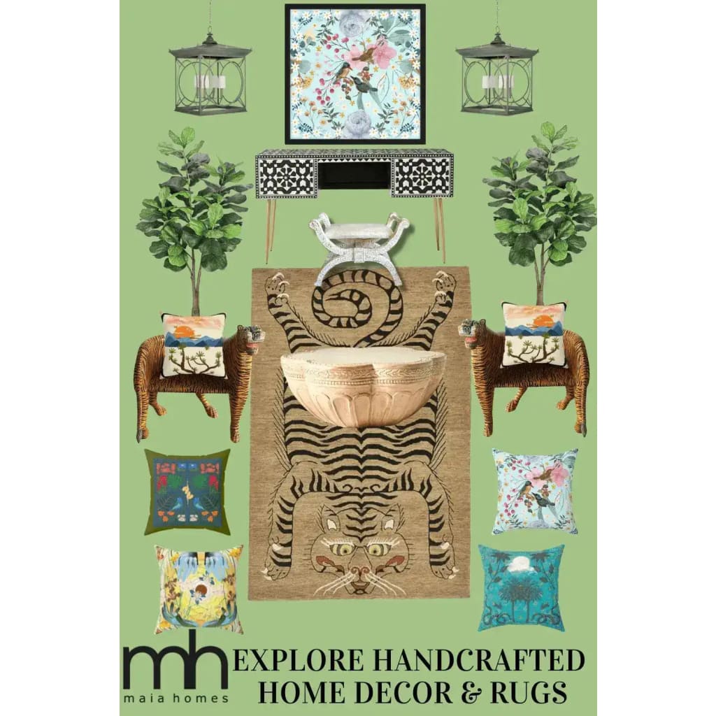 A beautifully styled room showcases the Tanned Jungle Cat Hand Tufted Wool Rug, perfect for adding a touch of wild elegance to your living room or bedroom. This area rug, ideal for living room rugs 8x10 or as a centerpiece in rugs for bedroom, features an intricate tiger design, surrounded by vibrant cushions and lush greenery, creating a harmonious and inviting space.