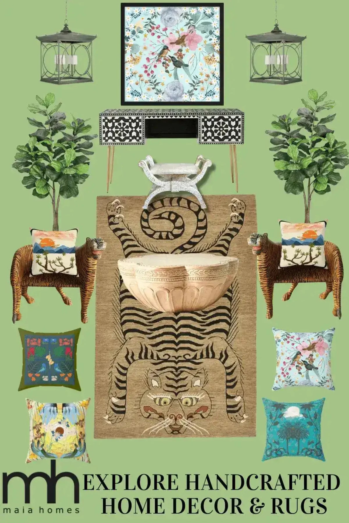 A beautifully styled room showcases the Tanned Jungle Cat Hand Tufted Wool Rug, perfect for adding a touch of wild elegance to your living room or bedroom. This area rug, ideal for living room rugs 8x10 or as a centerpiece in rugs for bedroom, features an intricate tiger design, surrounded by vibrant cushions and lush greenery, creating a harmonious and inviting space.