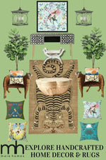 A beautifully styled room showcases the Tanned Jungle Cat Hand Tufted Wool Rug, perfect for adding a touch of wild elegance to your living room or bedroom. This area rug, ideal for living room rugs 8x10 or as a centerpiece in rugs for bedroom, features an intricate tiger design, surrounded by vibrant cushions and lush greenery, creating a harmonious and inviting space.