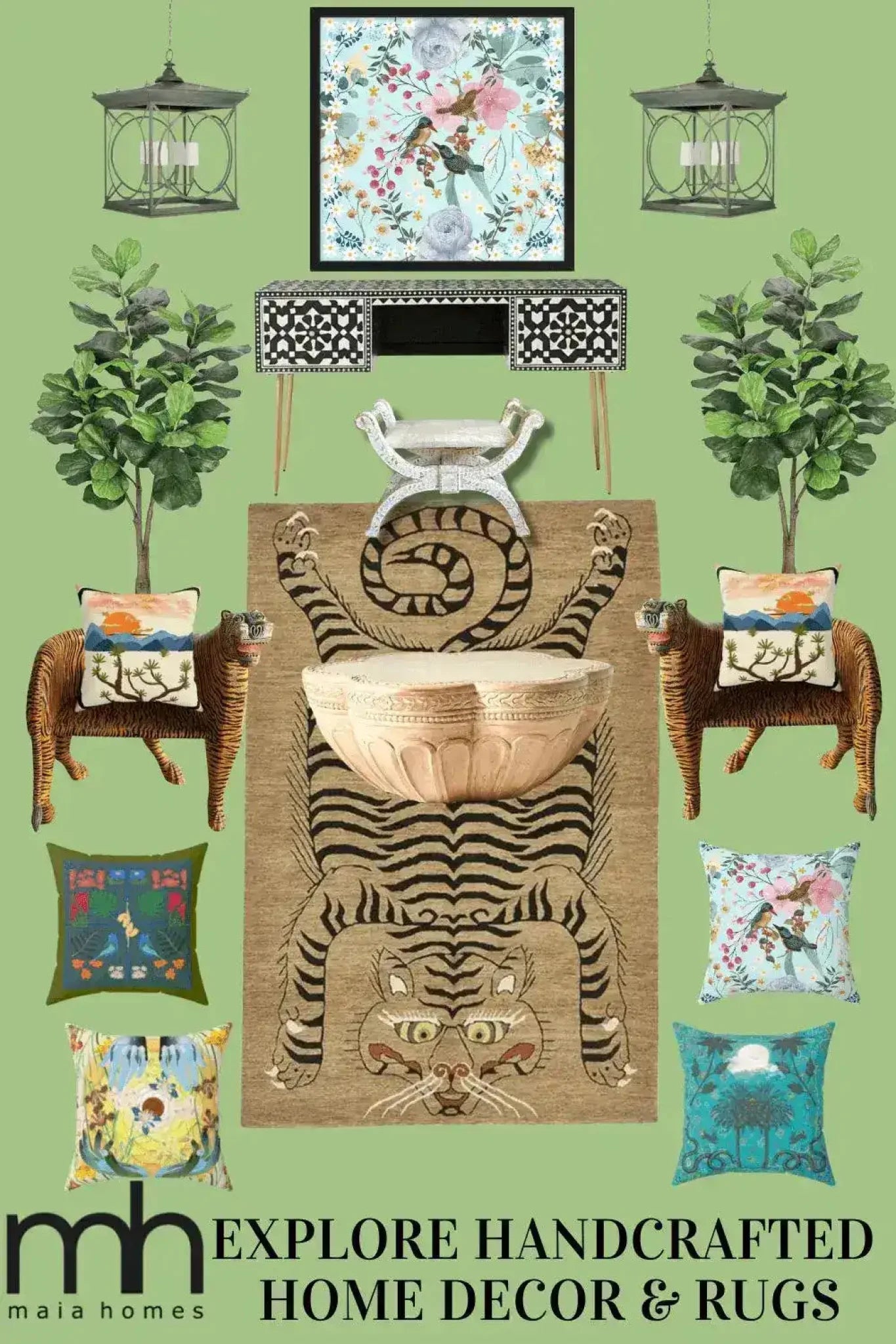 A beautifully styled room showcases the Tanned Jungle Cat Hand Tufted Wool Rug, perfect for adding a touch of wild elegance to your living room or bedroom. This area rug, ideal for living room rugs 8x10 or as a centerpiece in rugs for bedroom, features an intricate tiger design, surrounded by vibrant cushions and lush greenery, creating a harmonious and inviting space.