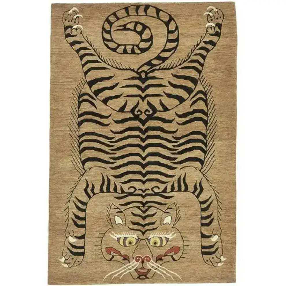 A stylish tanned jungle cat hand-tufted wool rug designed with an abstract tiger motif. This area rug is perfect for adding a bold statement to your living room or bedroom. Ideal for those seeking unique living room rugs in 8x10 size, or distinctive rugs for the bedroom.