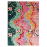 Vibrant Tapestry Petal Path Hand Tufted Area Rug featuring an abstract floral design in a mix of pink, green, orange, and purple hues. Ideal for large living rooms, this wool rug is perfect for adding a touch of elegance and color. Suitable for living room rugs 8x10 dimensions.