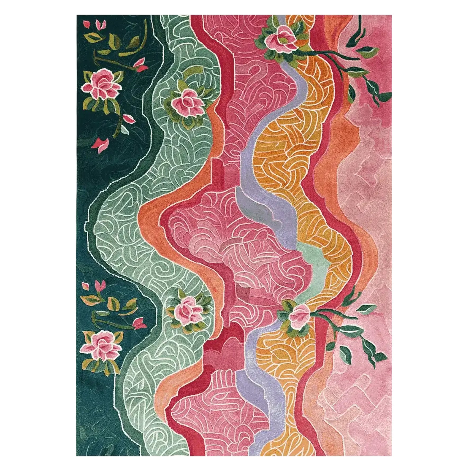 Vibrant Tapestry Petal Path Hand Tufted Area Rug featuring an abstract floral design in a mix of pink, green, orange, and purple hues. Ideal for large living rooms, this wool rug is perfect for adding a touch of elegance and color. Suitable for living room rugs 8x10 dimensions.