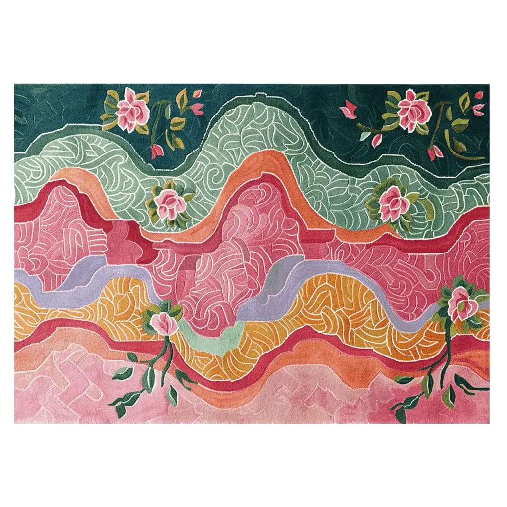 Vibrant Tapestry Petal Path Hand Tufted Area Rug featuring a floral design with bold waves of colors including pink, green, and orange. Ideal for large living room spaces, this 8x10 wool rug adds a touch of elegance and warmth.