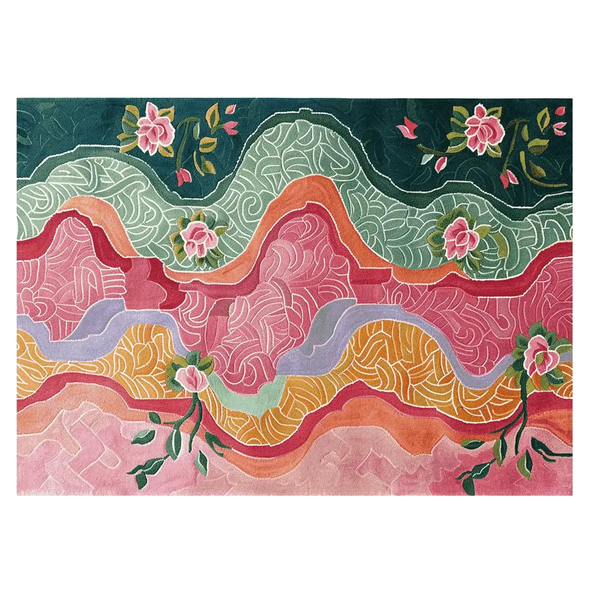 Vibrant Tapestry Petal Path Hand Tufted Area Rug featuring a floral design with bold waves of colors including pink, green, and orange. Ideal for large living room spaces, this 8x10 wool rug adds a touch of elegance and warmth.