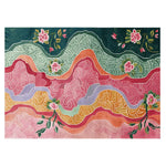 Vibrant Tapestry Petal Path Hand Tufted Area Rug featuring a floral design with bold waves of colors including pink, green, and orange. Ideal for large living room spaces, this 8x10 wool rug adds a touch of elegance and warmth.