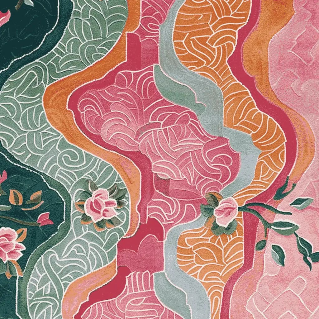 Vibrant and intricate Tapestry Petal Path Hand Tufted Area Rug featuring a stunning floral design with roses and abstract patterns in pink, green, and orange. Perfect for large living rooms, this wool rug measures 8x10, adding a touch of elegance and warmth to any space.