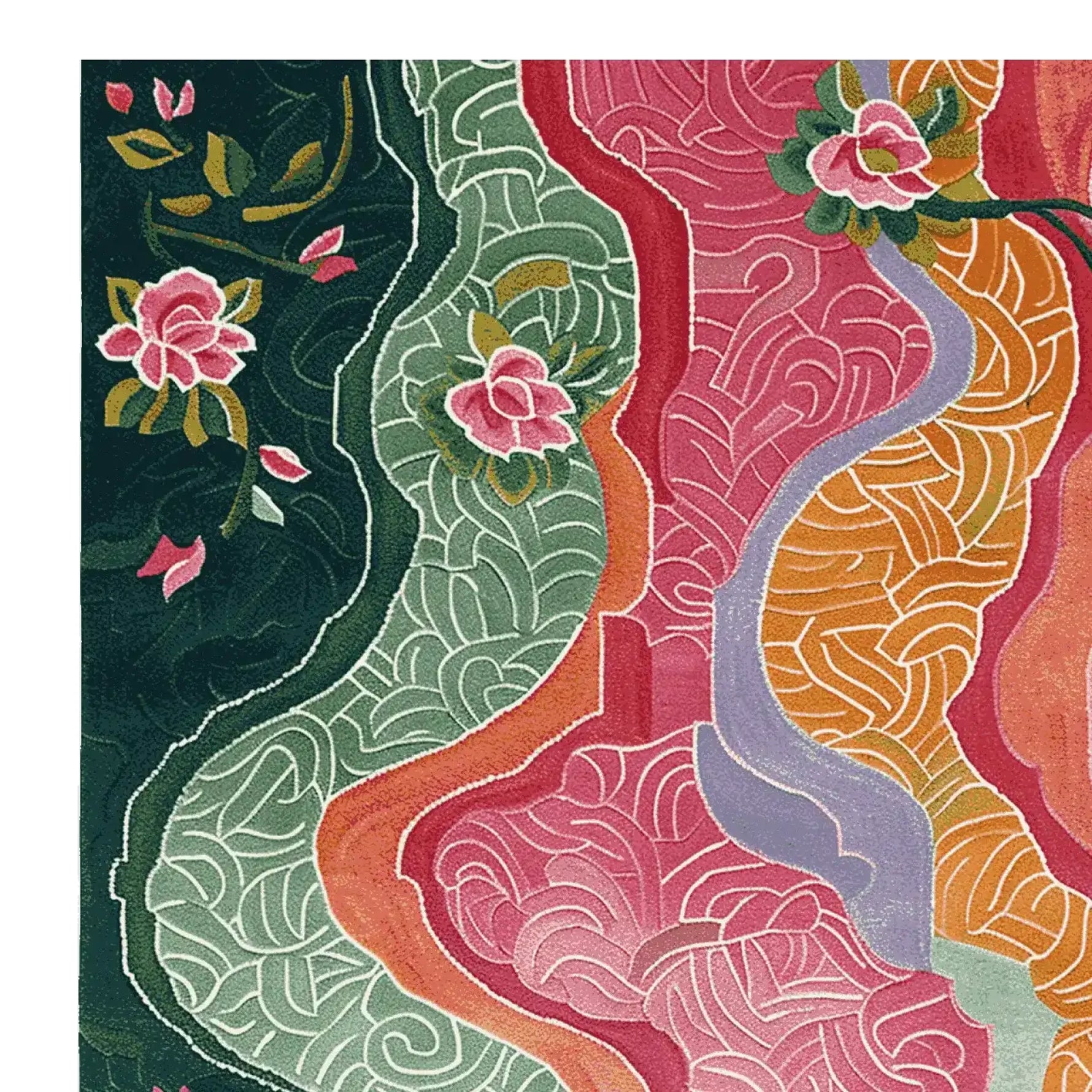 A vibrant tapestry petal path hand tufted area rug featuring a rich floral design with bold colors like green, pink, and orange. This large living room rug is perfect for adding a splash of color to your space. Ideal for those seeking an 8x10 wool rug with a unique and artistic touch.
