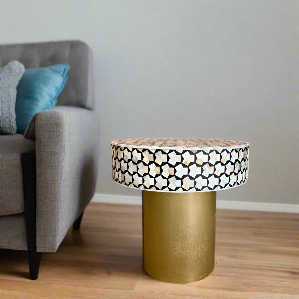 Targua Mother-of-Pearl Inlay Side Table – Brass & Black