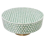 Taruga bone inlay coffee table with white and forest green star geometric mosaic top and sides on a brass pedestal base