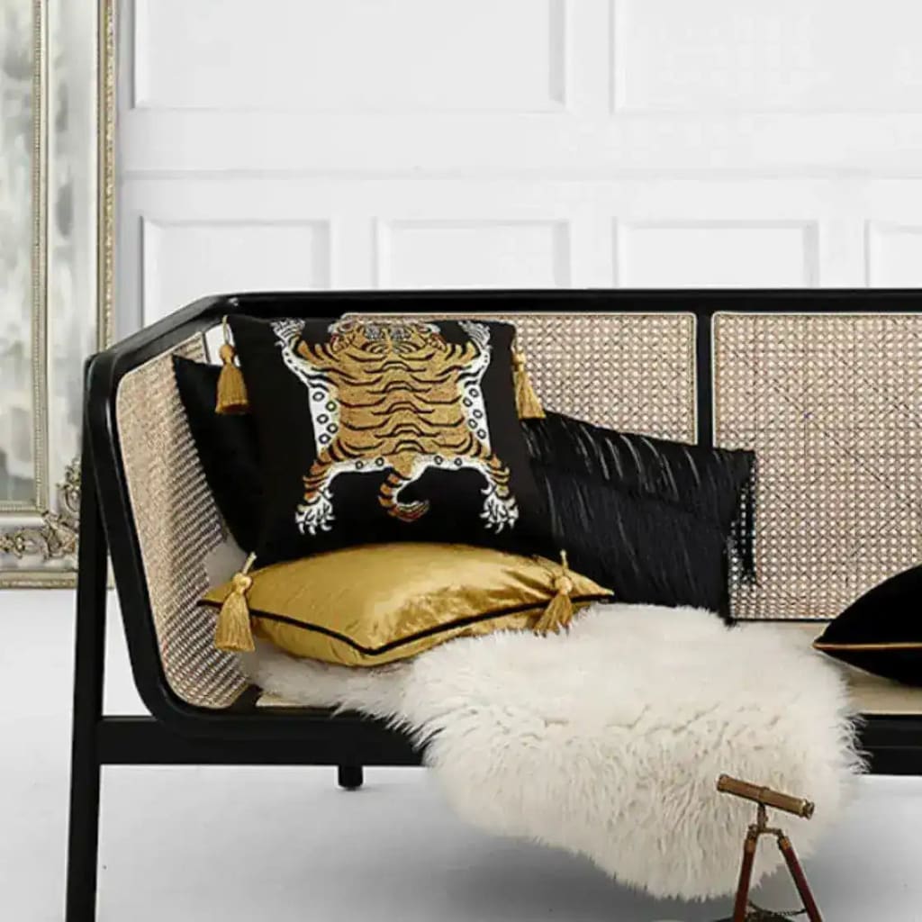 Tassel Tibetan Tiger throw pillow cover in caramel color, featuring an intricate tiger design with tassels, perfect for adding a touch of luxury to any living space.