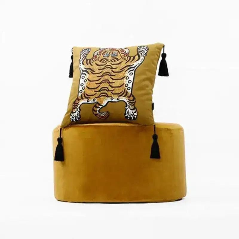 Tassel Tibetan Tiger Throw Pillow Cover in Caramel color, featuring a vibrant tiger design and decorative tassels, perfect for home decor.