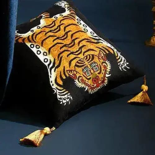 Tassel Tibetan Tiger throw pillow cover in caramel color, featuring a vibrant tiger design and decorative tassels, perfect for home decor.