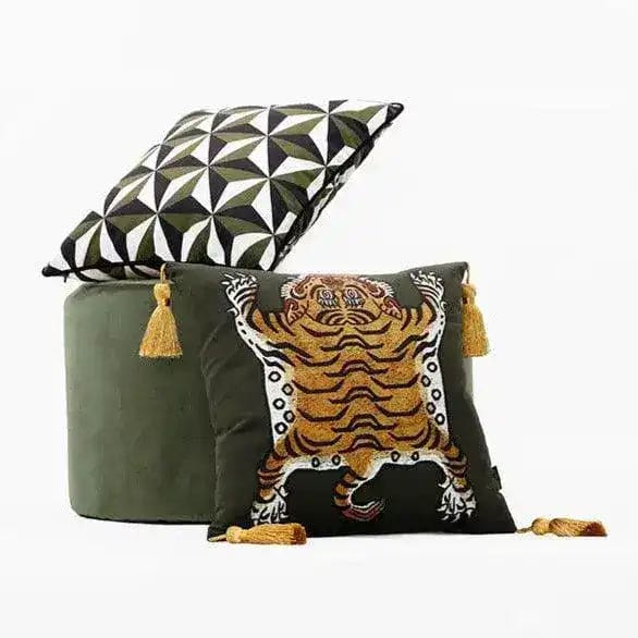 Tassel Tibetan Tiger throw pillow cover in caramel, featuring an intricate tiger design with tassels, perfect for home decor.
