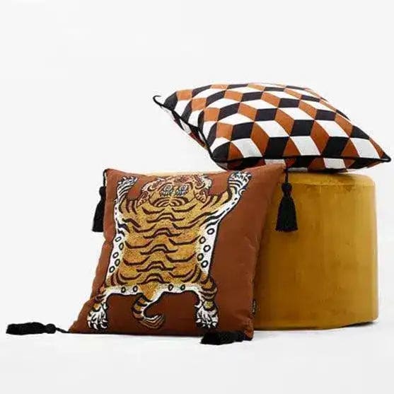 Tassel Tibetan Tiger throw pillow cover in caramel color, featuring an embroidered tiger design with decorative tassels, perfect for home decor.