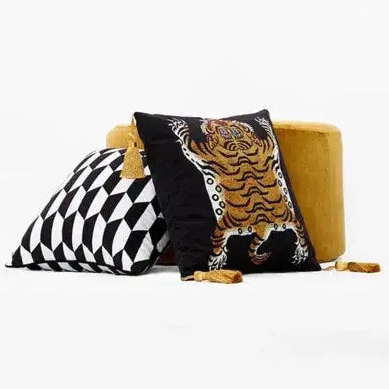 Stylish Tassel Tibetan Tiger throw pillow cover featuring a vibrant tiger design and elegant tassels, perfect for adding a touch of exotic decor to your living space.