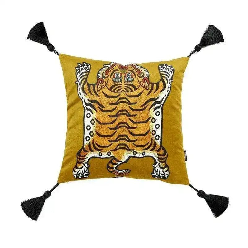Tassel Tibetan tiger throw pillow cover featuring a vibrant tiger design on a yellow background with black tassels.